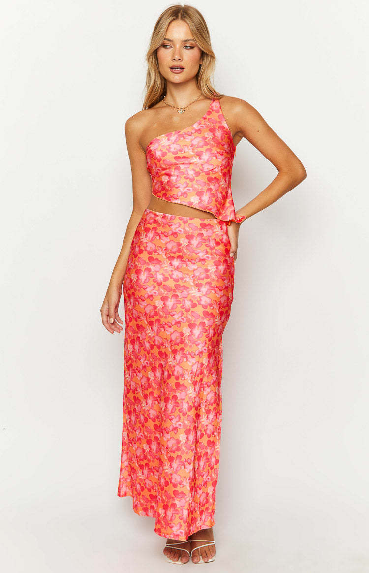 Claudi Orange And Pink Satin Maxi Skirt-Vavasi.All Rights Reserved.