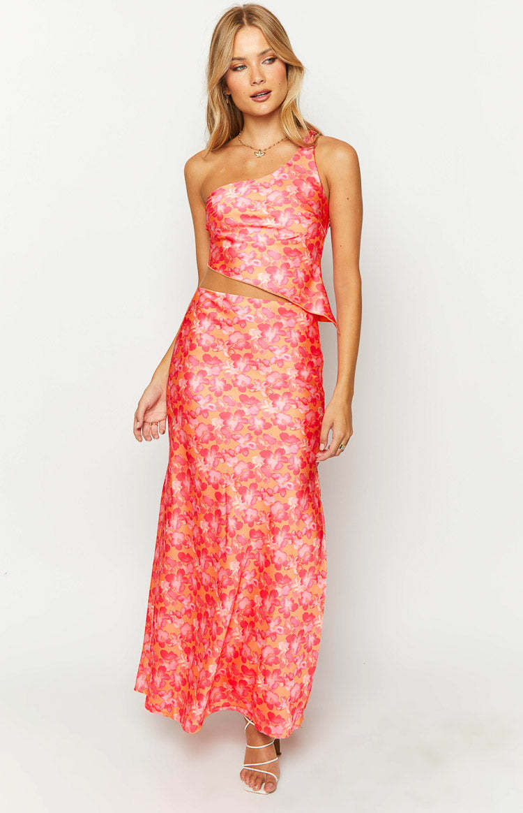 Claudi Orange And Pink Satin One Shoulder Top-Vavasi.All Rights Reserved.