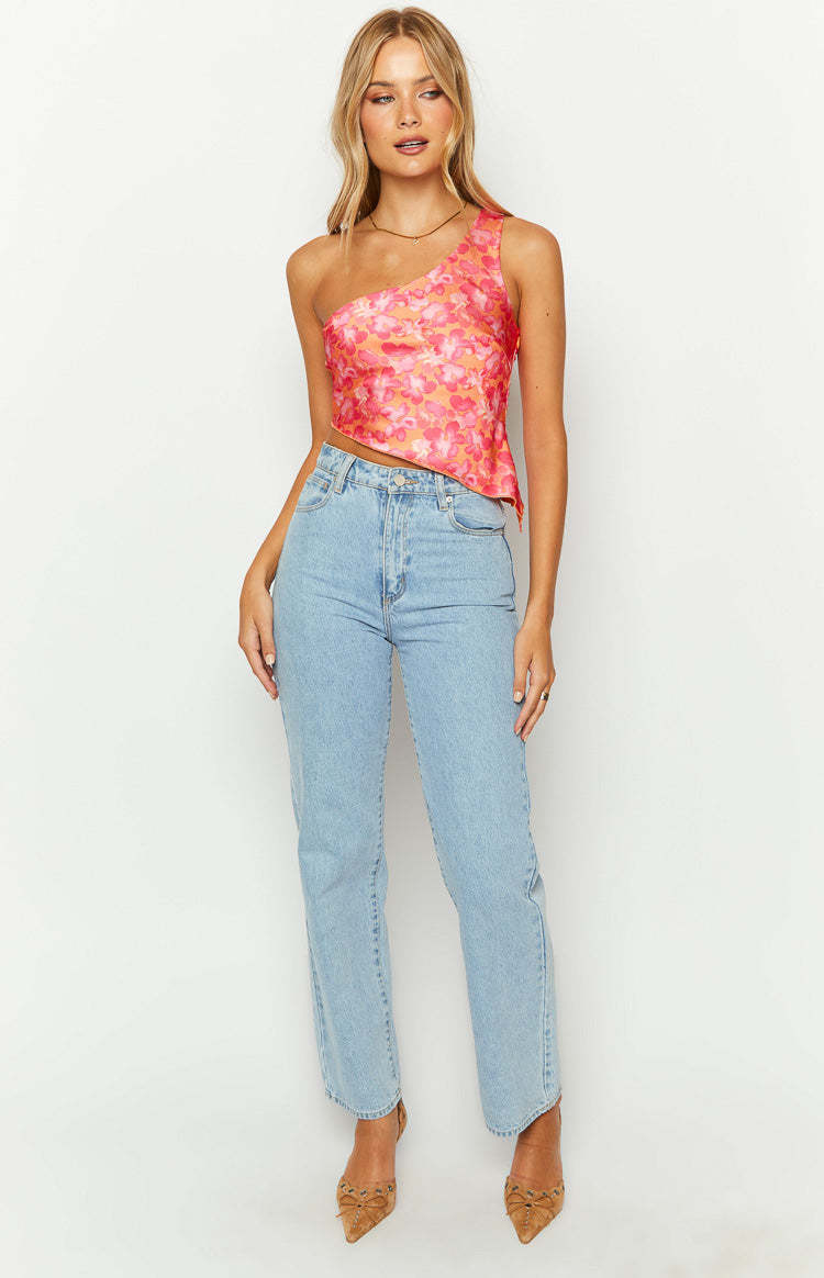 Claudi Orange And Pink Satin One Shoulder Top-Vavasi.All Rights Reserved.