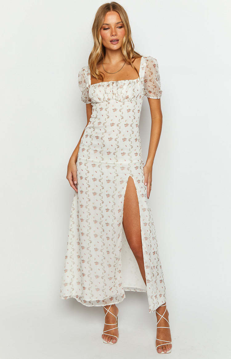 Clydie White Floral Cap Sleeve Midi Dress-Vavasi.All Rights Reserved.