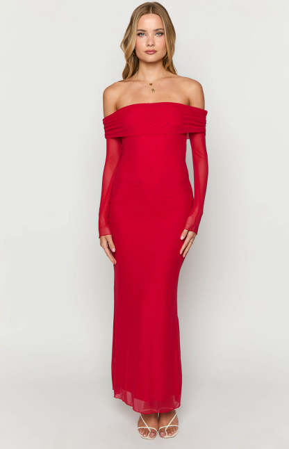Coraline Red Long Sleeve Maxi Dress-Vavasi.All Rights Reserved.