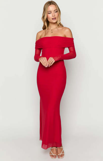 Coraline Red Long Sleeve Maxi Dress-Vavasi.All Rights Reserved.