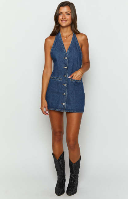 Corbin Denim Halter Neck Mini Dress-Vavasi.All Rights Reserved.