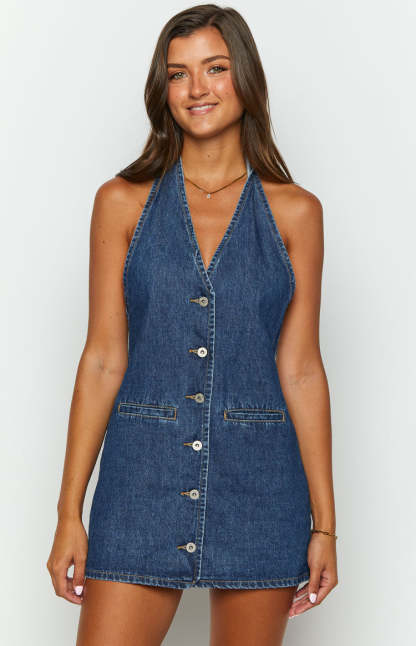 Corbin Denim Halter Neck Mini Dress-Vavasi.All Rights Reserved.
