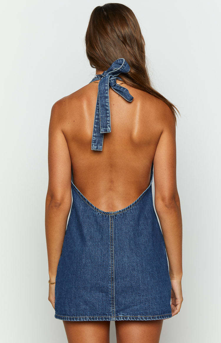 Corbin Denim Halter Neck Mini Dress-Vavasi.All Rights Reserved.
