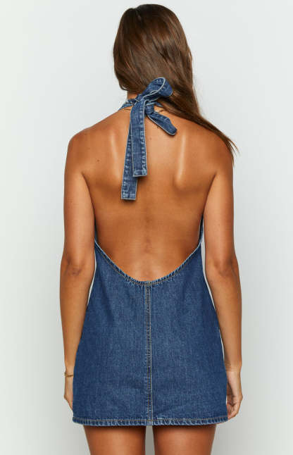Corbin Denim Halter Neck Mini Dress-Vavasi.All Rights Reserved.
