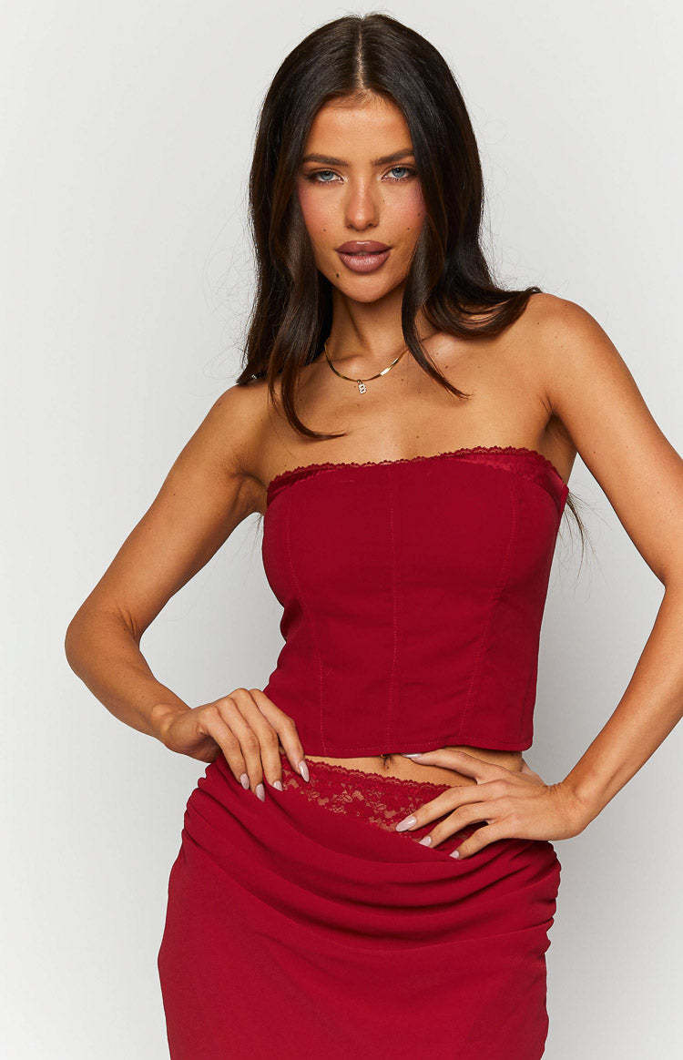 Crimson Rose Red Lace Corset Top-Vavasi.All Rights Reserved.