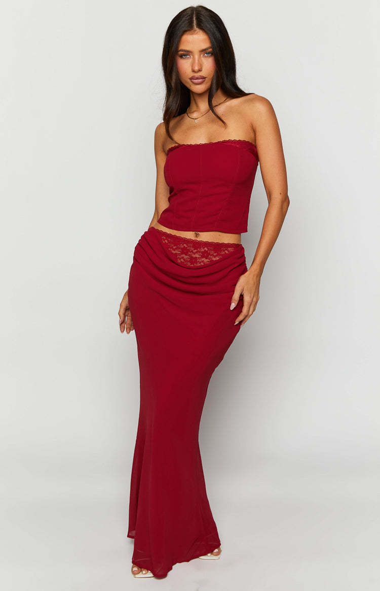 Crimson Rose Red Lace Maxi Skirt-Vavasi.All Rights Reserved.
