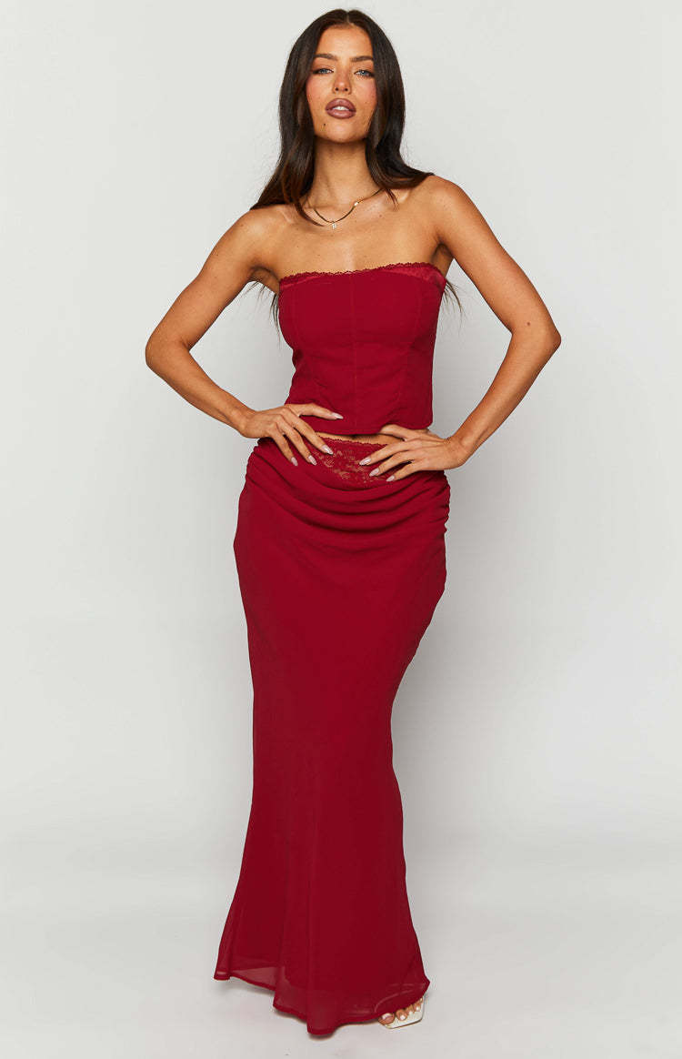 Crimson Rose Red Lace Maxi Skirt-Vavasi.All Rights Reserved.