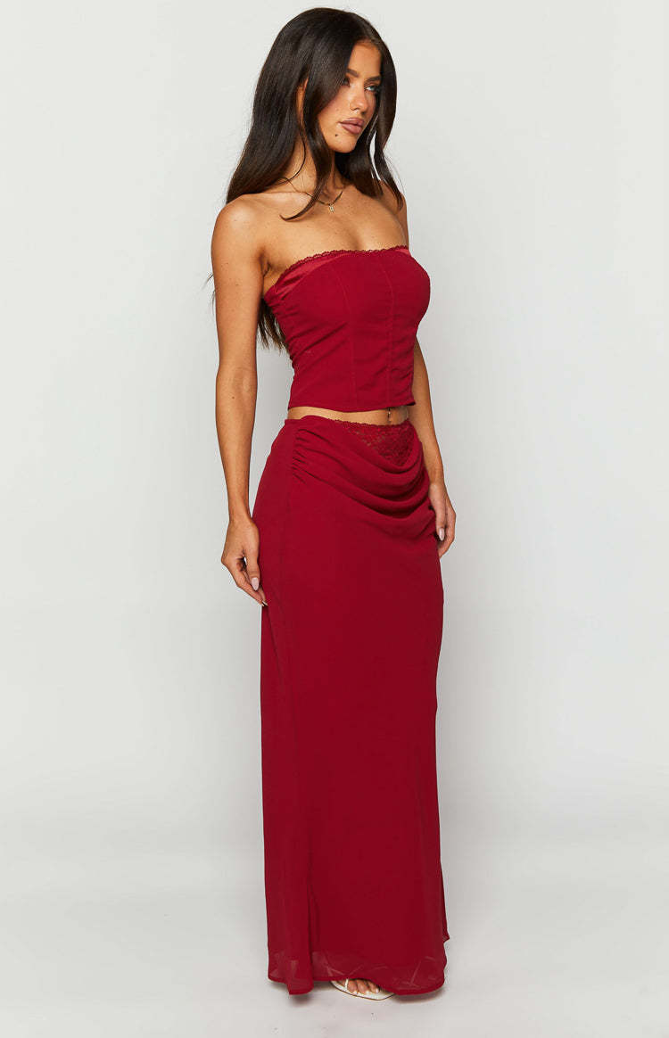 Crimson Rose Red Lace Maxi Skirt-Vavasi.All Rights Reserved.
