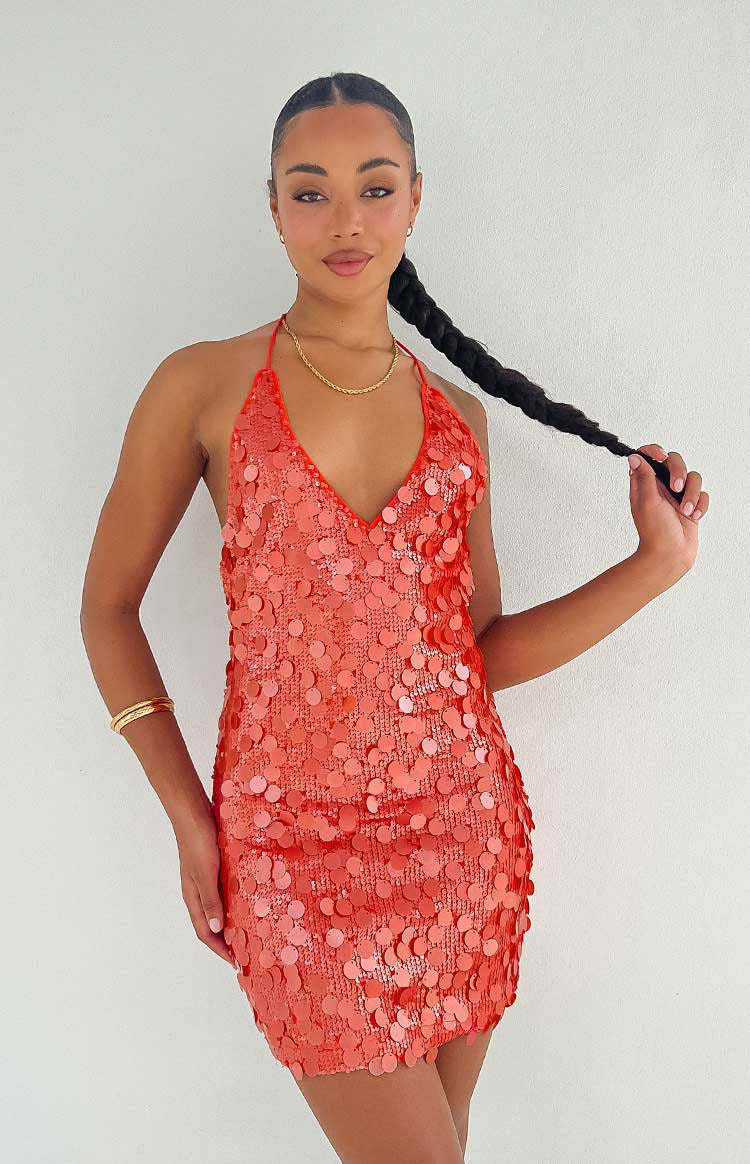 Cyrus Orange Sequin Mini Dress-Vavasi.All Rights Reserved.
