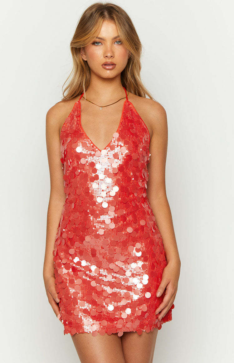 Cyrus Orange Sequin Mini Dress-Vavasi.All Rights Reserved.