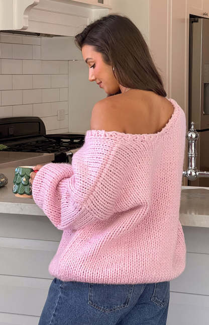 Delvey Light Pink Chunky Knit Sweater-Vavasi.All Rights Reserved.