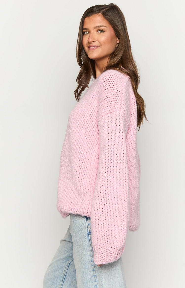 Delvey Light Pink Chunky Knit Sweater-Vavasi.All Rights Reserved.
