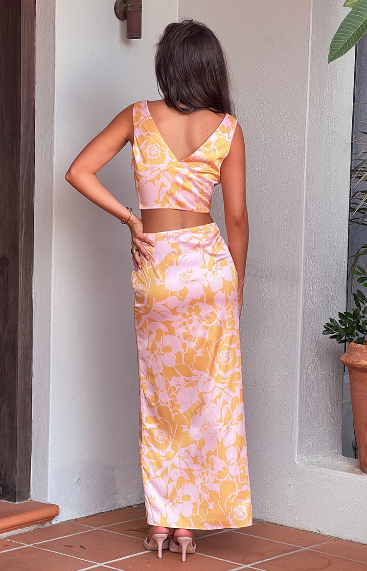 Dahlia Orange And Pink Floral Print Maxi Skirt-Vavasi.All Rights Reserved.