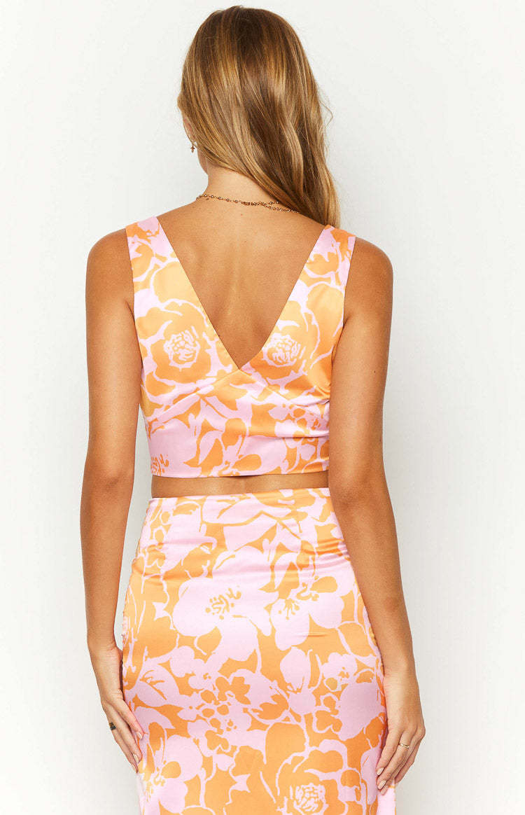 Dahlia Orange And Pink Floral Print Crop Top-Vavasi.All Rights Reserved.