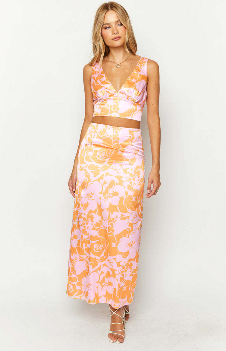 Dahlia Orange And Pink Floral Print Maxi Skirt-Vavasi.All Rights Reserved.