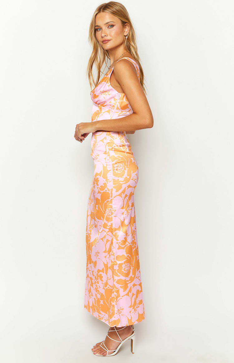 Dahlia Orange And Pink Floral Print Maxi Skirt-Vavasi.All Rights Reserved.