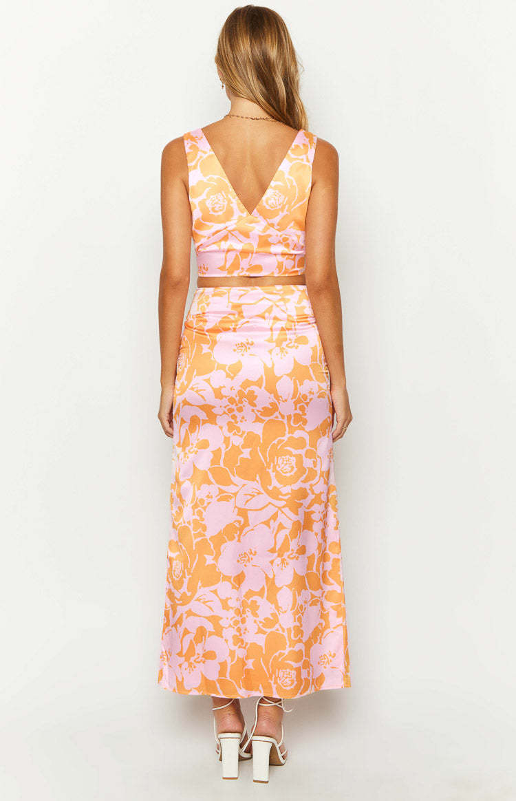 Dahlia Orange And Pink Floral Print Maxi Skirt-Vavasi.All Rights Reserved.