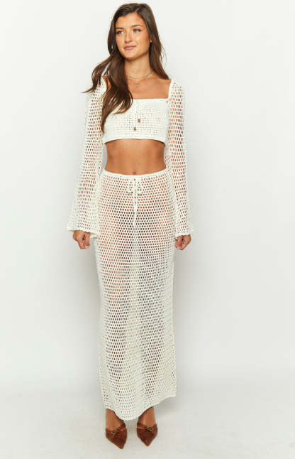 Dally White Crochet Maxi Skirt-Vavasi.All Rights Reserved.