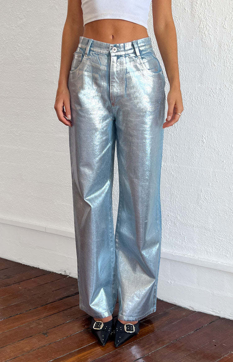 Danca Metallic Wide Leg Denim Jeans-Vavasi.All Rights Reserved.