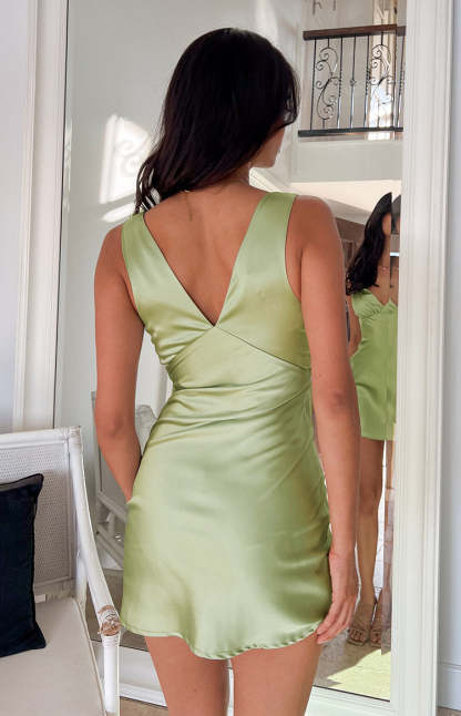 Daphne Sage Satin Mini Dress-Vavasi.All Rights Reserved.