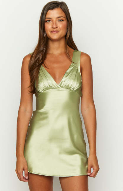 Daphne Sage Satin Mini Dress-Vavasi.All Rights Reserved.