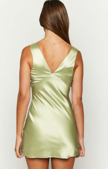 Daphne Sage Satin Mini Dress-Vavasi.All Rights Reserved.