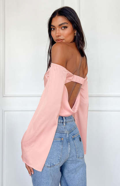 Darcie Pink Satin Long Sleeve Top-Vavasi.All Rights Reserved.
