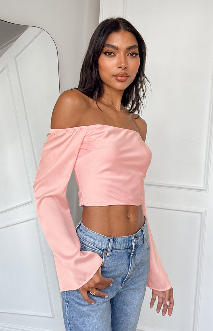 Darcie Pink Satin Long Sleeve Top-Vavasi.All Rights Reserved.