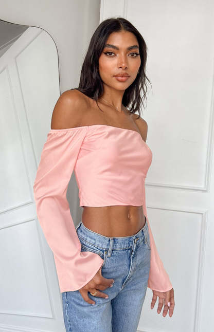 Darcie Pink Satin Long Sleeve Top-Vavasi.All Rights Reserved.
