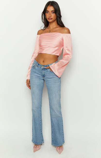 Darcie Pink Satin Long Sleeve Top-Vavasi.All Rights Reserved.