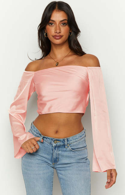 Darcie Pink Satin Long Sleeve Top-Vavasi.All Rights Reserved.