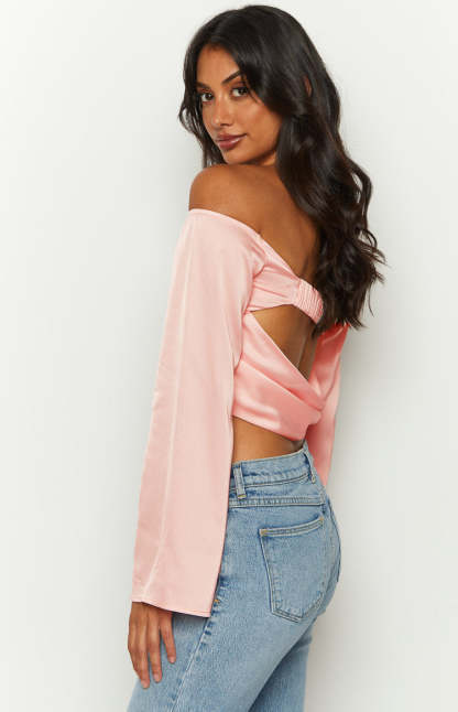Darcie Pink Satin Long Sleeve Top-Vavasi.All Rights Reserved.