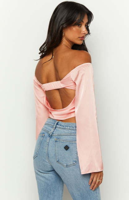 Darcie Pink Satin Long Sleeve Top-Vavasi.All Rights Reserved.