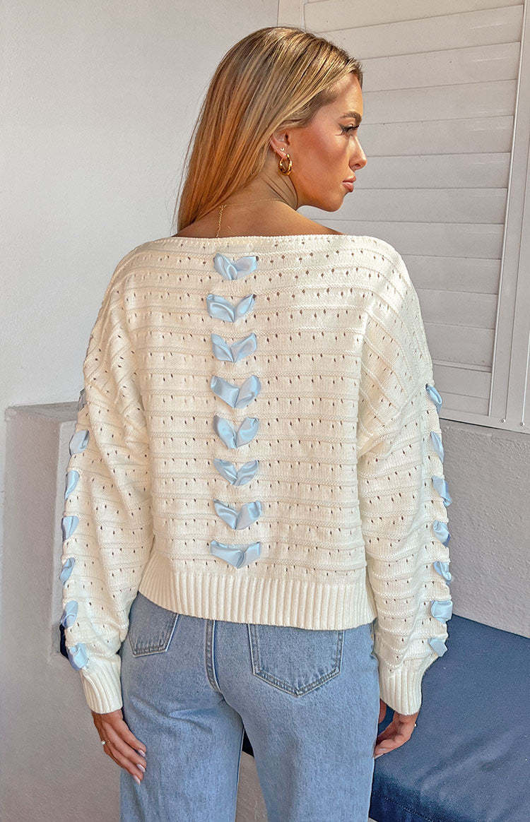 Darling White Knit Blue Ribbon Sweater-Vavasi.All Rights Reserved.