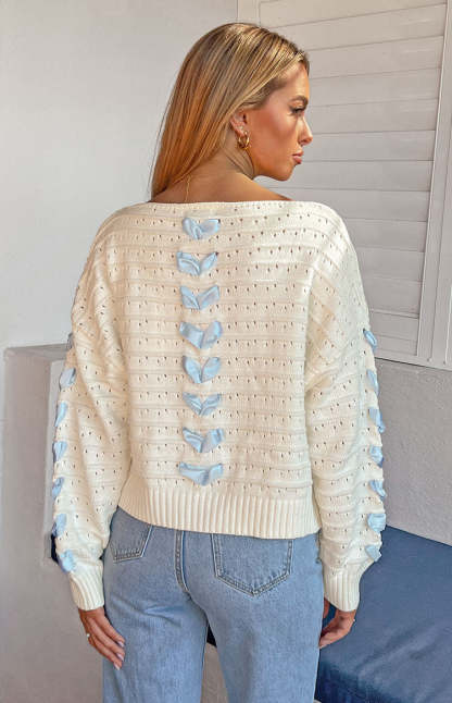 Darling White Knit Blue Ribbon Sweater-Vavasi.All Rights Reserved.