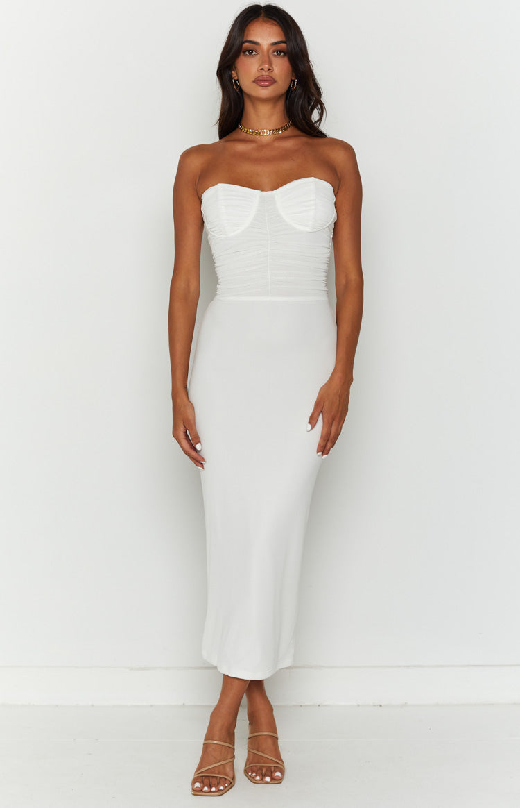 Darling White Gathered Midi Dress-Vavasi.All Rights Reserved.