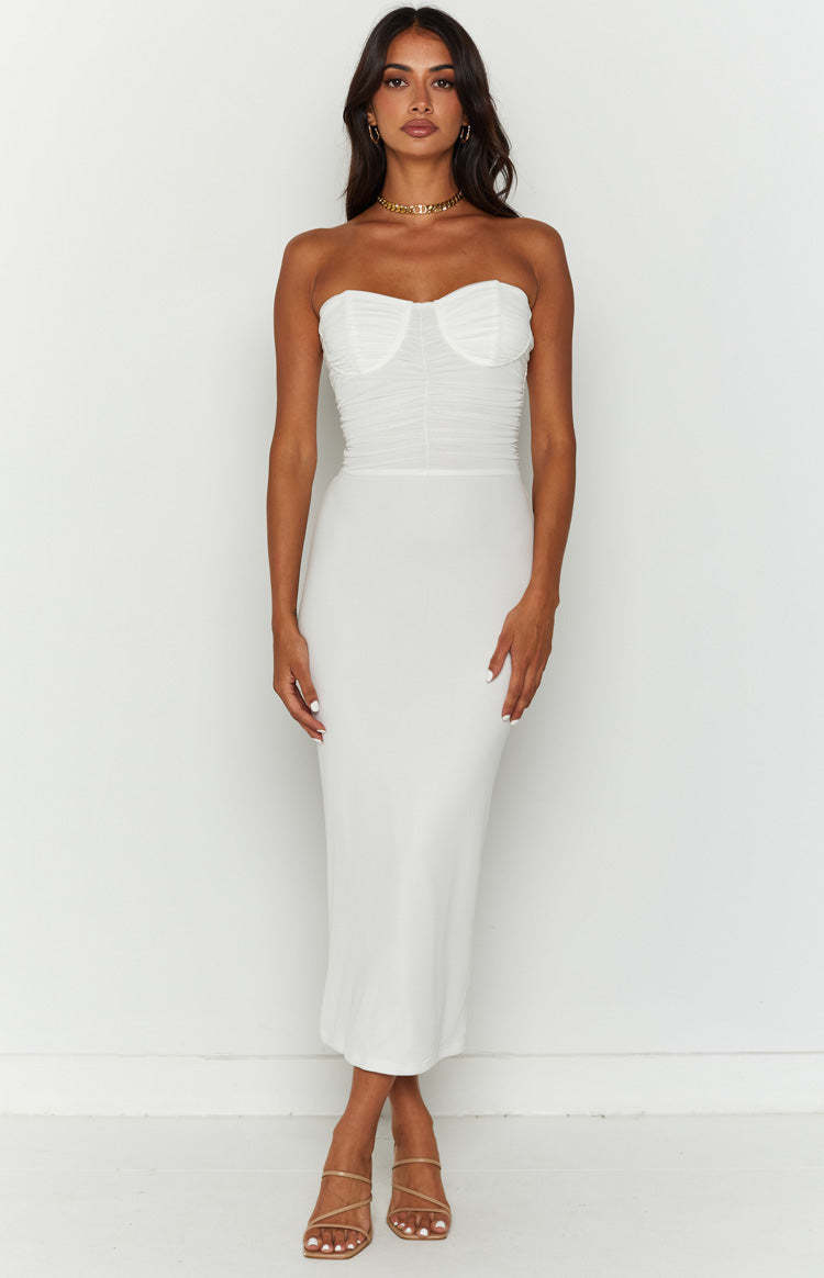 Darling White Gathered Midi Dress-Vavasi.All Rights Reserved.