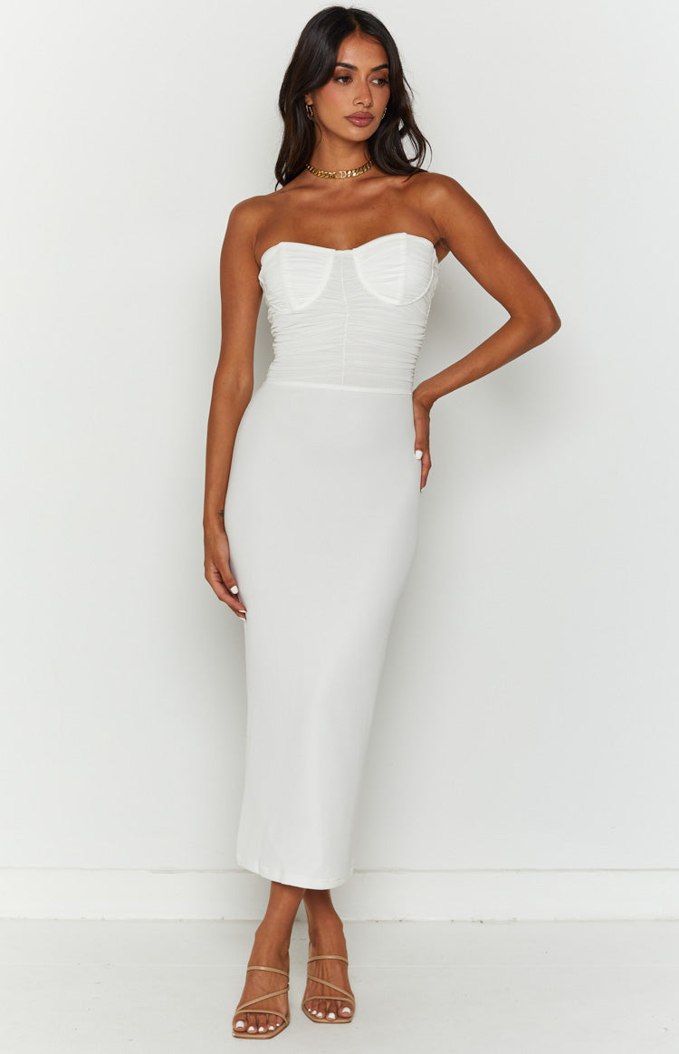 Darling White Gathered Midi Dress-Vavasi.All Rights Reserved.