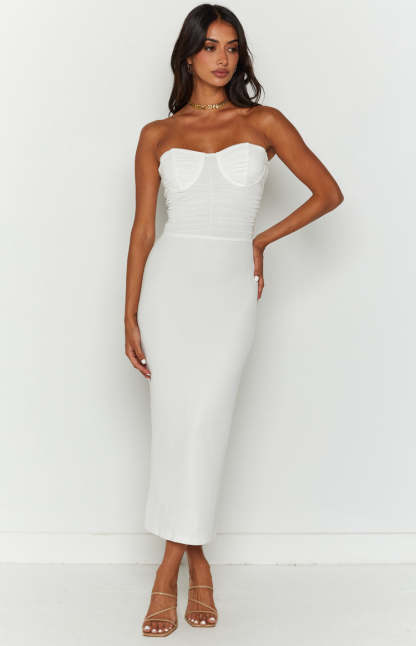 Darling White Gathered Midi Dress-Vavasi.All Rights Reserved.