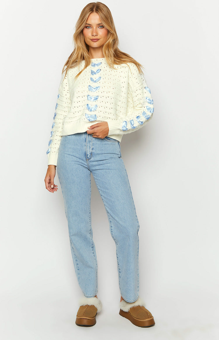 Darling White Knit Blue Ribbon Sweater-Vavasi.All Rights Reserved.