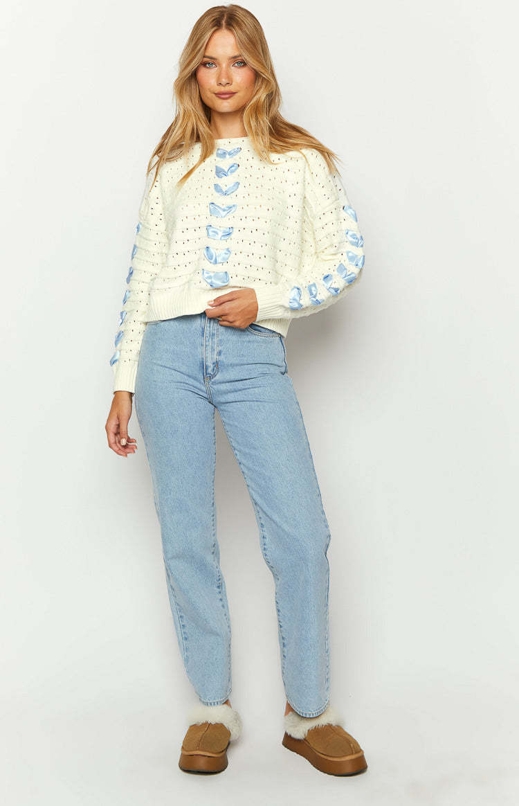 Darling White Knit Blue Ribbon Sweater-Vavasi.All Rights Reserved.