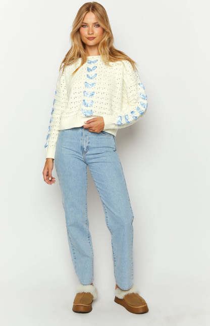 Darling White Knit Blue Ribbon Sweater-Vavasi.All Rights Reserved.