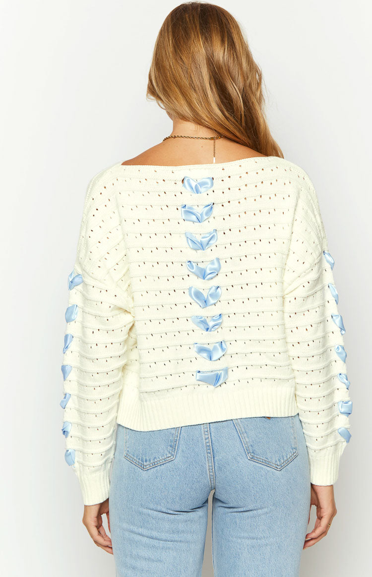 Darling White Knit Blue Ribbon Sweater-Vavasi.All Rights Reserved.