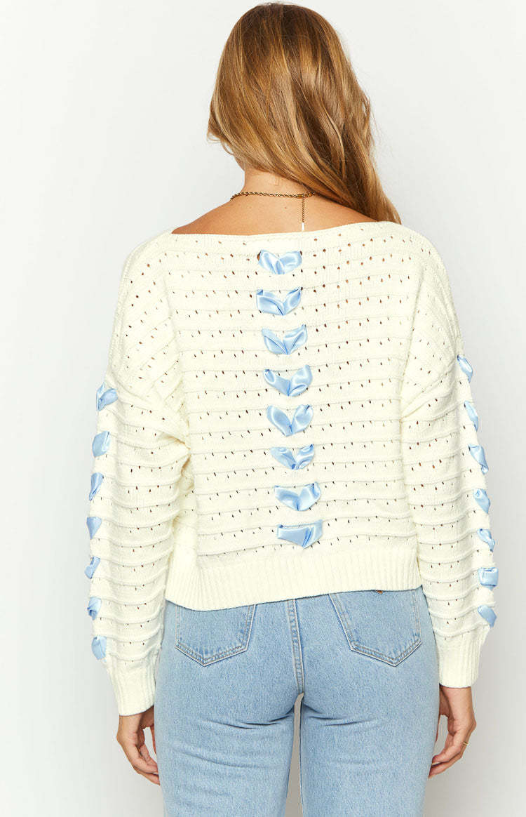 Darling White Knit Blue Ribbon Sweater-Vavasi.All Rights Reserved.