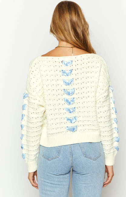 Darling White Knit Blue Ribbon Sweater-Vavasi.All Rights Reserved.