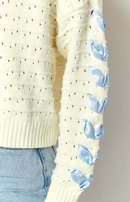 Darling White Knit Blue Ribbon Sweater-Vavasi.All Rights Reserved.