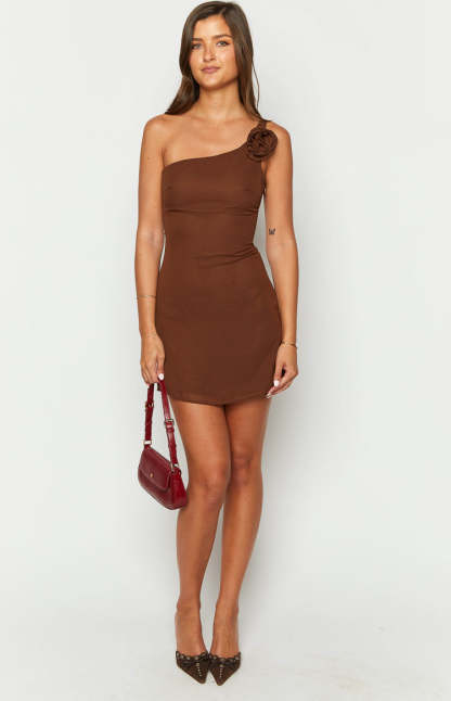 Dashiell Brown One Shoulder Chiffon Mini Dress-Vavasi.All Rights Reserved.