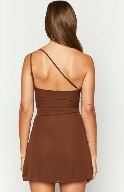Dashiell Brown One Shoulder Chiffon Mini Dress-Vavasi.All Rights Reserved.